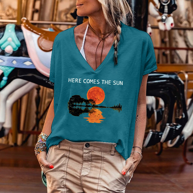 Here Comes The Sun, Surprising Guitar Shadow Print, Women T-shirt