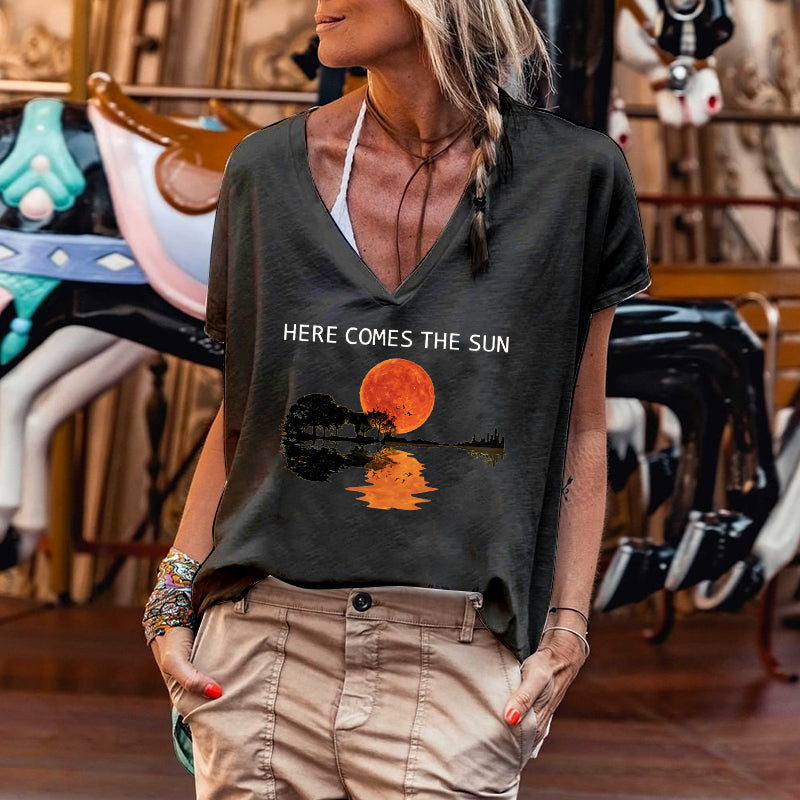 Here Comes The Sun, Surprising Guitar Shadow Print, Women T-shirt