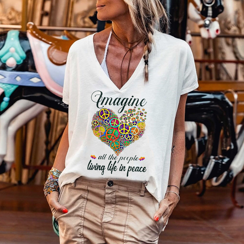 Imagine All The People Living Life In Peace Hearts Printing T-shirt