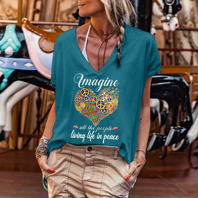 Imagine All The People Living Life In Peace Hearts Printing T-shirt