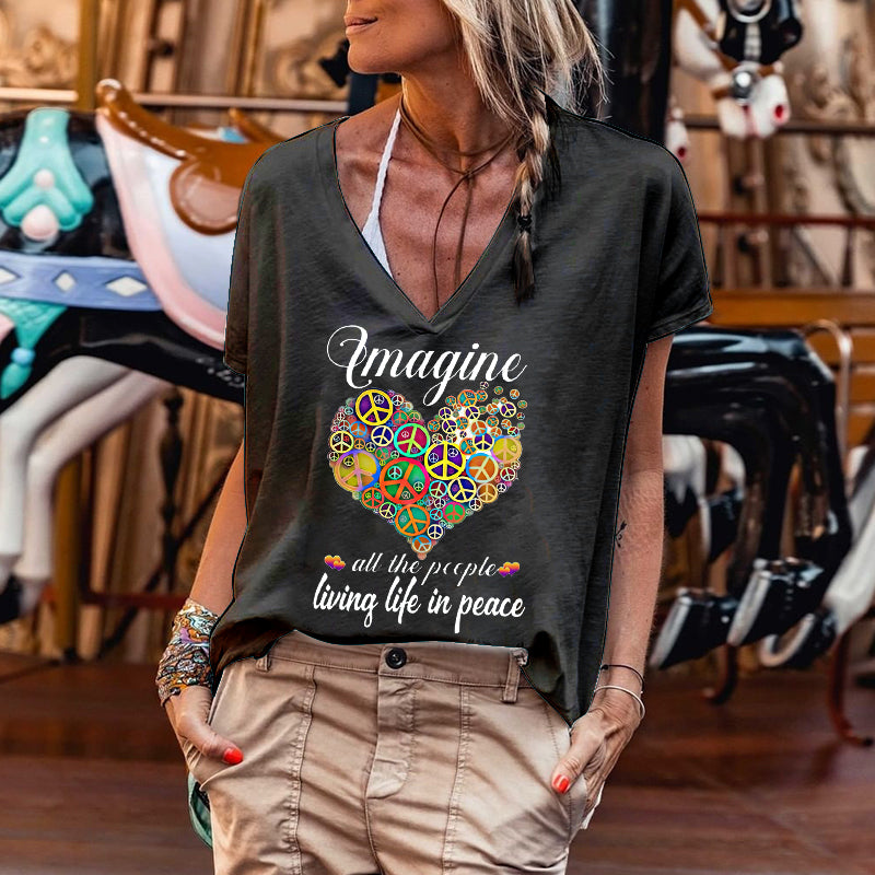 Imagine All The People Living Life In Peace Hearts Printing T-shirt